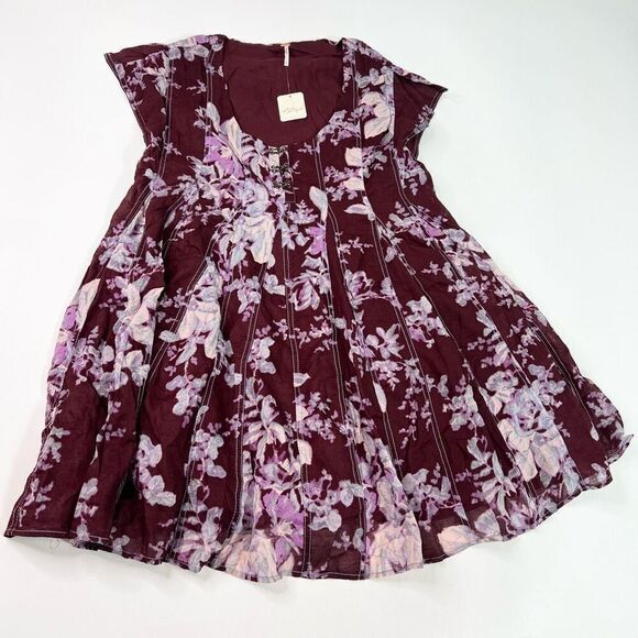 Free People Sully Dress Womens Small Purple Raisin Combo Floral Print Flared NWT - Picture 1 of 10